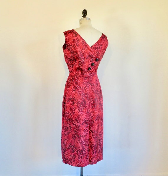 1960s Red Snakeskin Print Sheath Dress: Open Back Rockabilly Style, Medium
