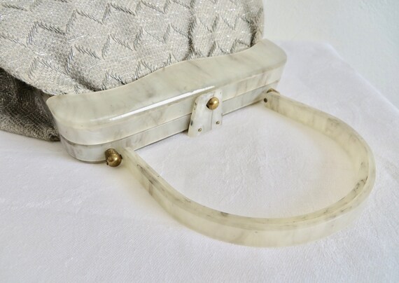 1940's Silver Gray Chevron Weave Fabric Purse wit… - image 8