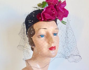 1940s Navy Calot Hat: Pink Silk Roses, Face Veil - I. Magnin & Co.