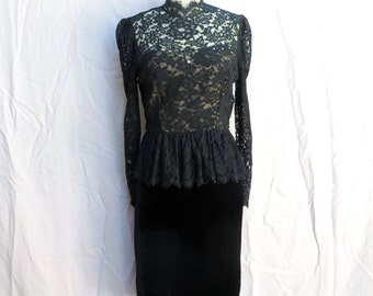 1980's Black Lace and Velvet Evening Dress Peplum Long Sleeves Rhinestone Trim Victorian Goth Style I. Magnin 28.5" Waist Small