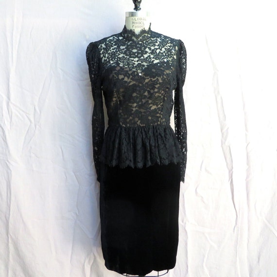 Vintage 1980's Black Lace and Velvet Evening Dress