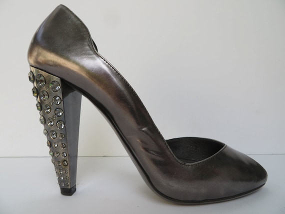 Vintage Miu Miu Open Toe Pumps strass talons, escarpins en étain, taille 37 1/2, 7US Vintage Miu Miu Open Toe Pumps strass strass strass talons, escarpins en étain, taille 37 1/2, 7US 545f6e