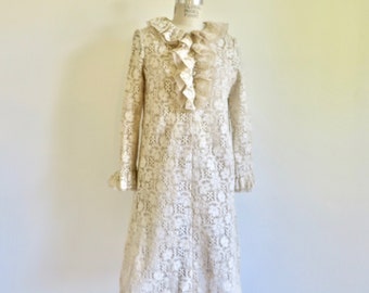 1960's Mod Ivory Creme Cotton Lace A Line Dress Ruffle Collar Long Sleeves Wedding Bridal Mary Quant Style The Sidneys Medium