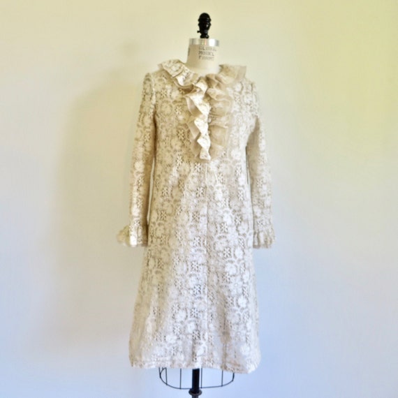 1960's Mod Ivory Creme Cotton Lace A Line Dress R… - image 1