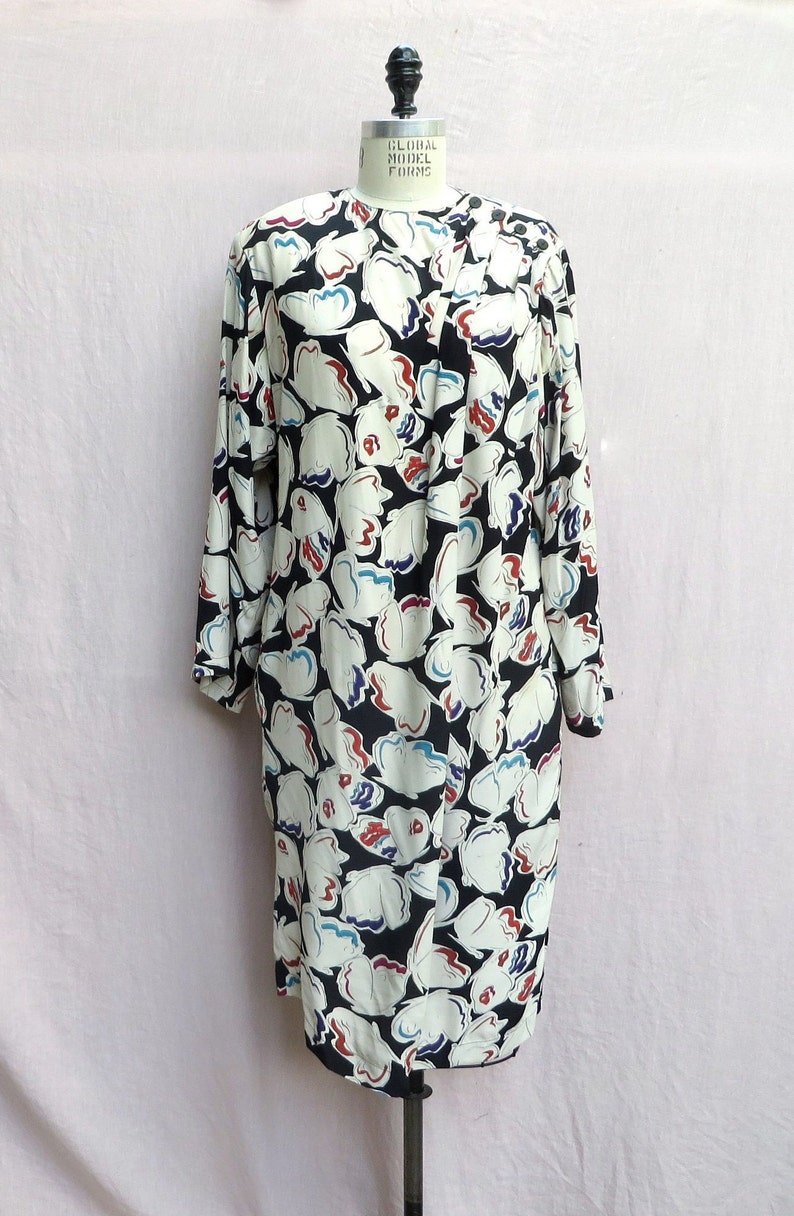 1980's Krizia Multi Color Black and White Butterfly Rayon Print Day Dress Shoulder Pads Italian Designer Medium image 7