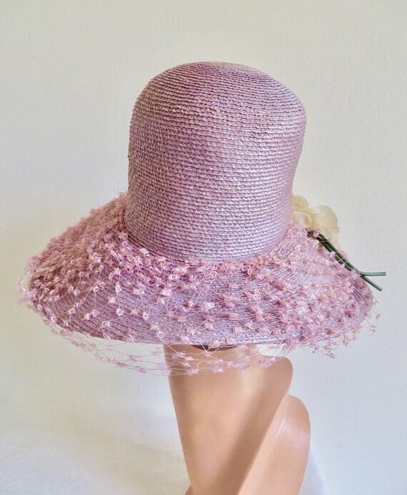 1960's Lavender Lilac Straw Wide Brim Hat High Cr… - image 5