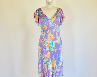 1930's Style Lavender Lilac Floral Silk Bias Cut Dress Flutter Sleeves Flapper Great Gatsby Spring Summer Tea Dresses Ralph Lauren Size 8