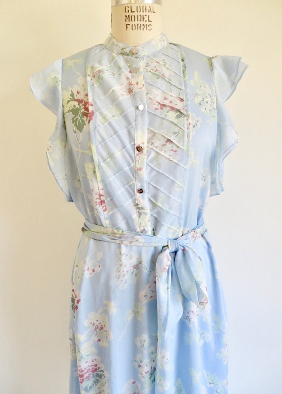 1930's 40's Style Pastel Blue Floral Silk Chiffon… - image 2