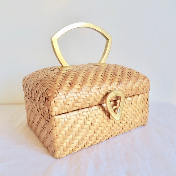 1960 s Koret Natural Woven Wicker Box Purse Gold Handle and