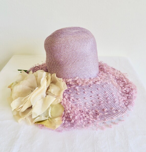 1960's Lavender Lilac Straw Wide Brim Hat High Cr… - image 8