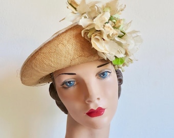 1940's 50's Natural Straw Floral Brimmed Hat Silk Flowers Upturned Brim 40's Spring Summer Hats New York Creation Size 23