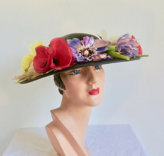 1950's 60's Black Straw Wide Brim Hat With Large … - image 3