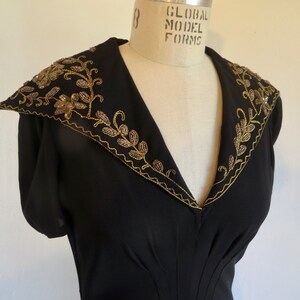 1940's Black Crepe Long Evening Dress Gold Soutache collar and Pocket Trim Formal Cocktail WW2 Era Rockabilly 28 Waist Size Small Medium image 7