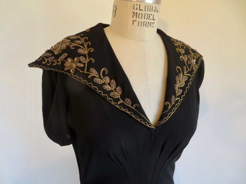 1940's Black Crepe Long Evening Dress Gold Soutache collar and Pocket Trim Formal Cocktail WW2 Era Rockabilly 28 Waist Size Small Medium image 7