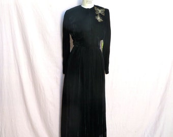 1940's Black Rayon Velvet Long Evening Dress Coat Beaded Butterflies Appliques Trim Front Zipper Closure 28" Waist Small Medium