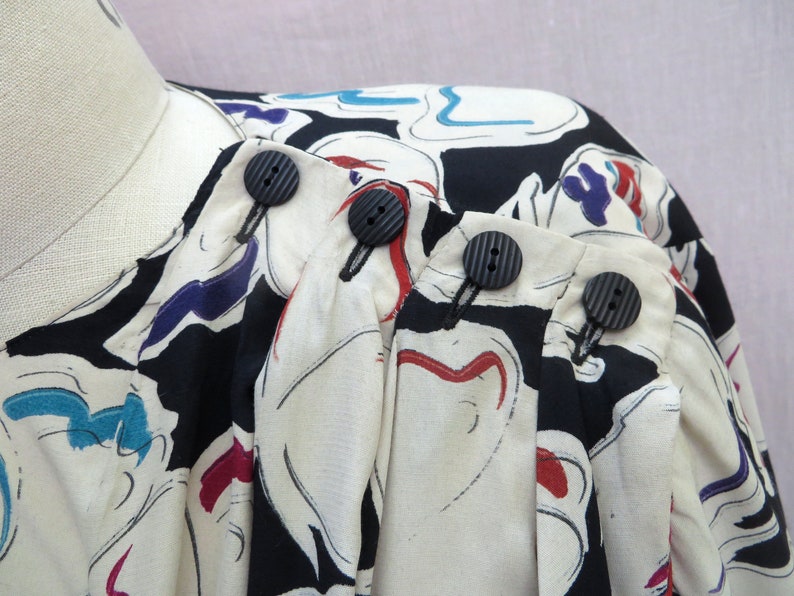 1980's Krizia Multi Color Black and White Butterfly Rayon Print Day Dress Shoulder Pads Italian Designer Medium image 3