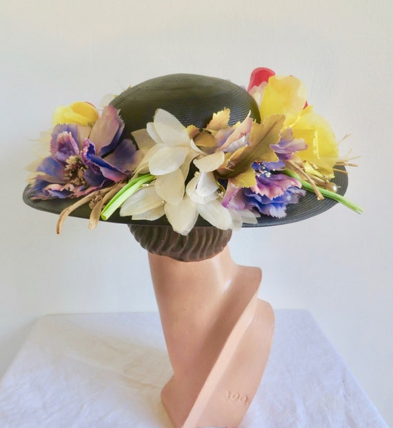 1950's 60's Black Straw Wide Brim Hat With Large … - image 7