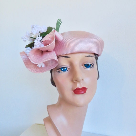 Vintage 1980's 90's Pastel Pink Straw Beret Style… - image 1