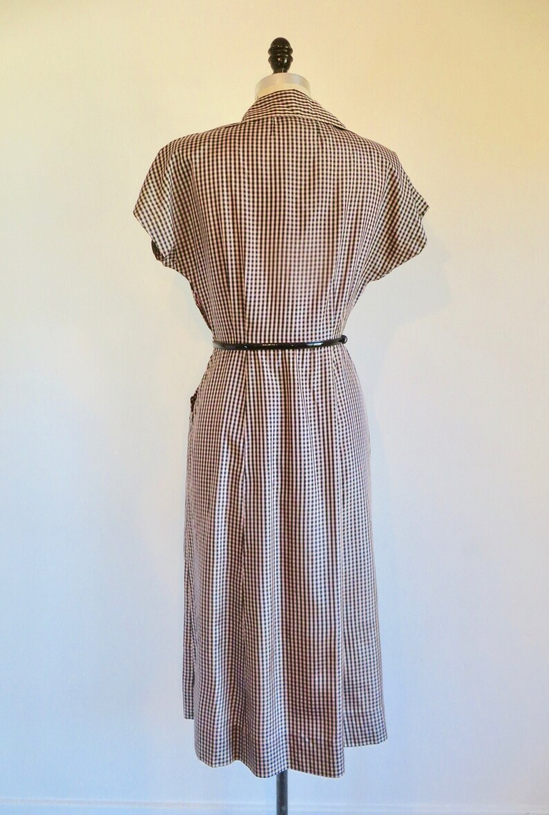 1940's 50's Black and Beige Gingham Taffeta Day Dress Short Sleeves Pockets Rockabilly Swing 30 Waist Size Medium image 9