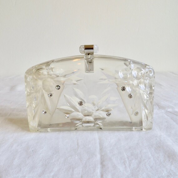 Vintage 1950's Clear Lucite Plastic Clutch with Rh