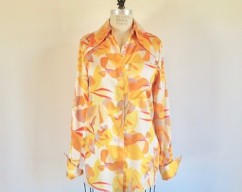 Acler Yellow Abstract Watercolor Print Satin Shirt: 70s Style Blouse, French Cuffs, Medium