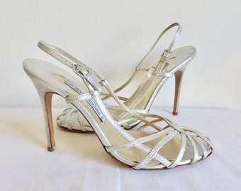 Size 39 8.5 Italian Silver Leather High Heel Sandals Rhinestone Buckle Stiletto Heels Leather Soles Evening Formal Made in Italy