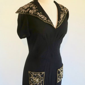 1940's Black Crepe Long Evening Dress Gold Soutache collar and Pocket Trim Formal Cocktail WW2 Era Rockabilly 28 Waist Size Small Medium image 6