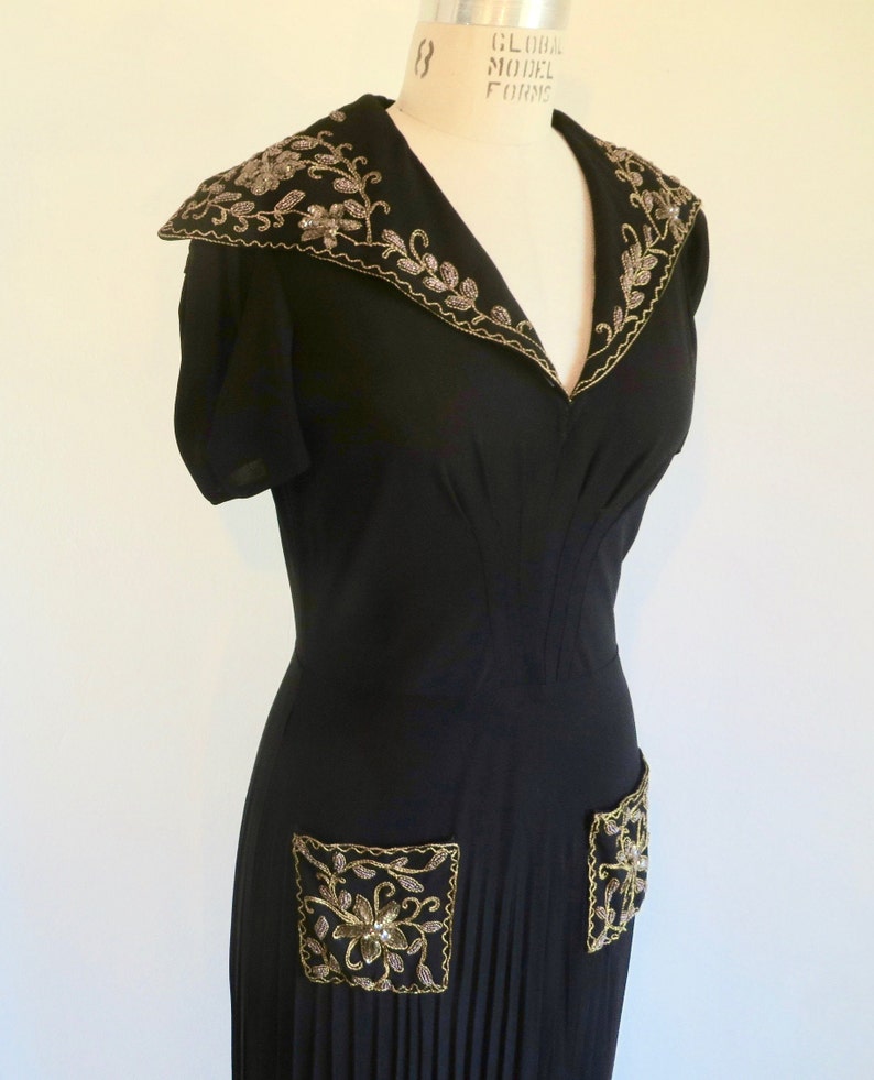 1940's Black Crepe Long Evening Dress Gold Soutache collar and Pocket Trim Formal Cocktail WW2 Era Rockabilly 28 Waist Size Small Medium image 6