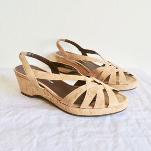 1940&#39;s Style Size 9 Cork Leather Strappy Flat Wedge Sandal Shoes Retro 40&#39;s Spring Summer Sandals WW2 Era  Made in Spain Donald Pliner
