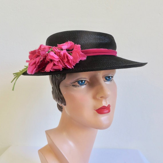 Vintage 1940's Black Straw Brimmed Sun Hat Magenta