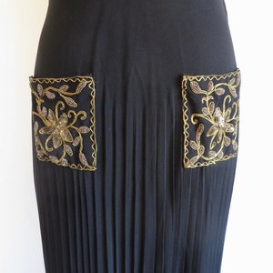 1940's Black Crepe Long Evening Dress Gold Soutache collar and Pocket Trim Formal Cocktail WW2 Era Rockabilly 28 Waist Size Small Medium image 4