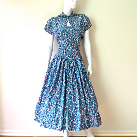 Vintage 1950's Blue Rayon Print Print Fit and Flar