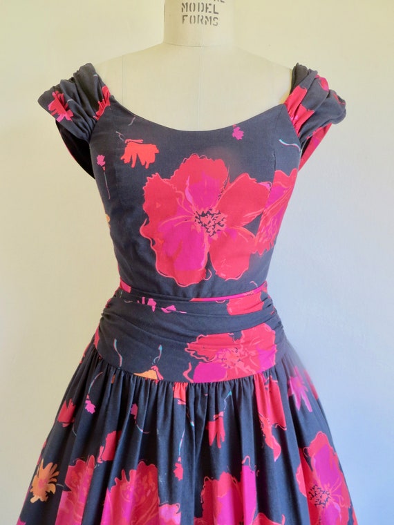 1950's Style Red and Black Rose Floral Print Cotton Fit and Flare