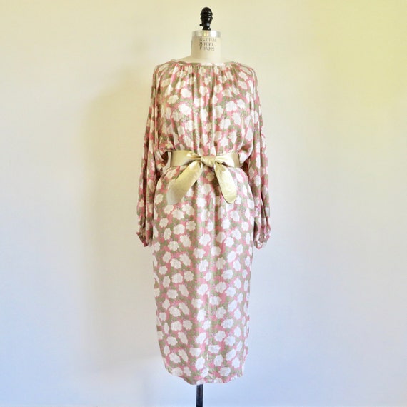 1980s Pink Floral Print Chemise Dress Gold Obi Belt Saks Fifth Avenue Size Medium
