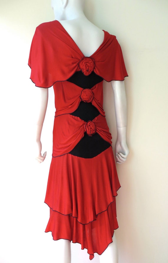 1980s Hollie Harp Silk Jersey Knit Dress: Red & B… - image 4