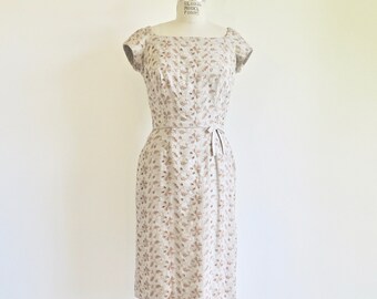 1960's Beige Linen Eyelet Floral Embroidered Sheath Wiggle Day Dress short Sleeve Waist Bow 60's Spring Summer Rockabilly Size Small