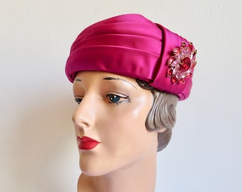 1960's Magenta Pink Satin Pillbox Hat with Large Red and Pink Rhinestone Brooch Cathay of California 60's Millinery Mid Century
