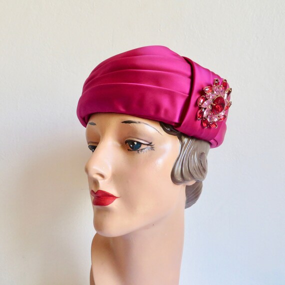 Vintage Pink Bedazzled Turban Pillbox Hat 1960s Pink Satin Toque Hat / Turban Pillbox Pleated  main image 2
