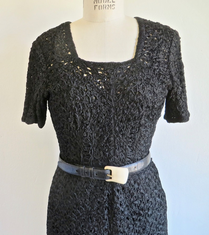 1940's Black Rayon Ribbon Knit Dress Crochet Slip Half Sleeves Square Neckline Belt Rockabilly WW2 Era 30.5 Waist Medium image 2