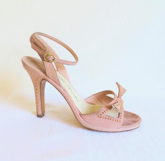 Marc Jacobs Pink Suede Heels: Bow Trim, Gold Studs, Ankle 