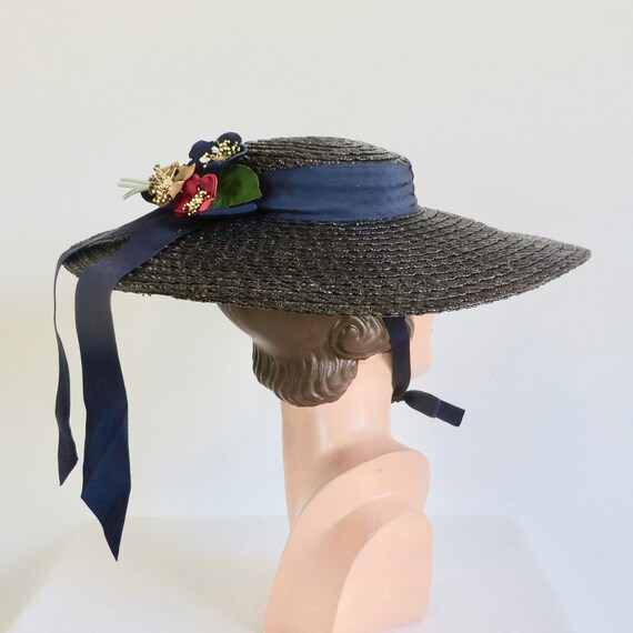 1950's Navy Blue Straw Wide Brim Sun Hat Flowers … - image 5