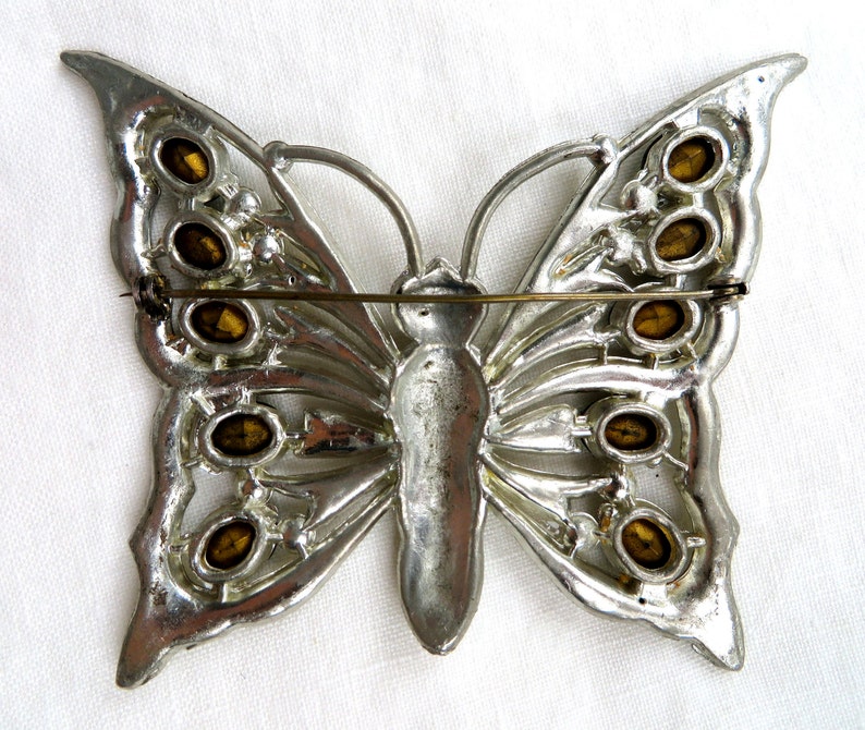 Vintage Art Deco Large Butterfly Brooch Pin with Green Rhinestones Paste 1930/'s Jewelry