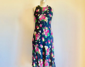 1990's Navy Blue and Pink Floral Silk Bias Cut Dress Tank Style Spring Summer Ralph Lauren Size 6 Small