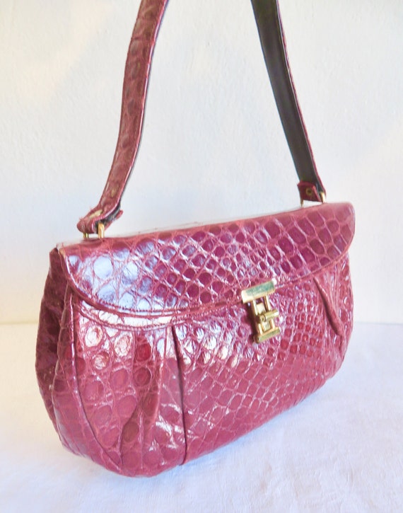 1940's Dark Red Snakeskin Leather Purse Gold Meta… - image 2