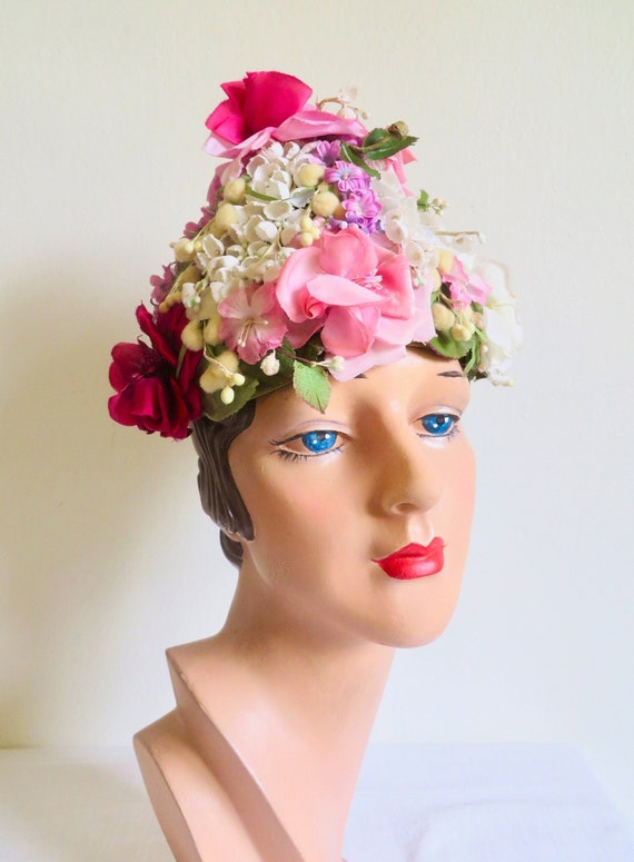 Vintage Floral Fascinator Cap Pink Red Silk Rose Velvet Leaf Pillbox Hat Crown Fascinator Hat, Pink Rose White Buds Stems of Berries Velvet  main image 3