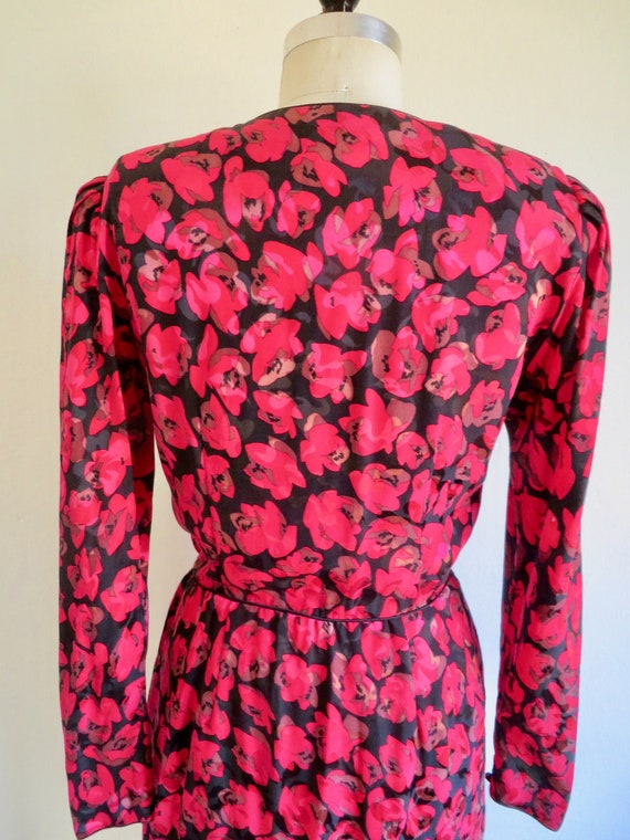 1980's Red Rose Floral Silk Print Dress Long Slee… - image 9