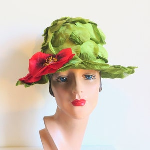 1960&#39;s Green Leaf High Crown Flower Pot Hat Poppy Floral Trim Cloche Style Unique Whimsical 60&#39;s Millinery Spring Summer Pogues
