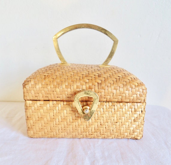 1960's Koret Natural Woven Wicker Box Purse Gold … - image 2