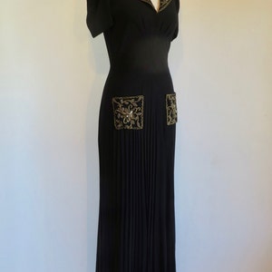 1940's Black Crepe Long Evening Dress Gold Soutache collar and Pocket Trim Formal Cocktail WW2 Era Rockabilly 28 Waist Size Small Medium image 5