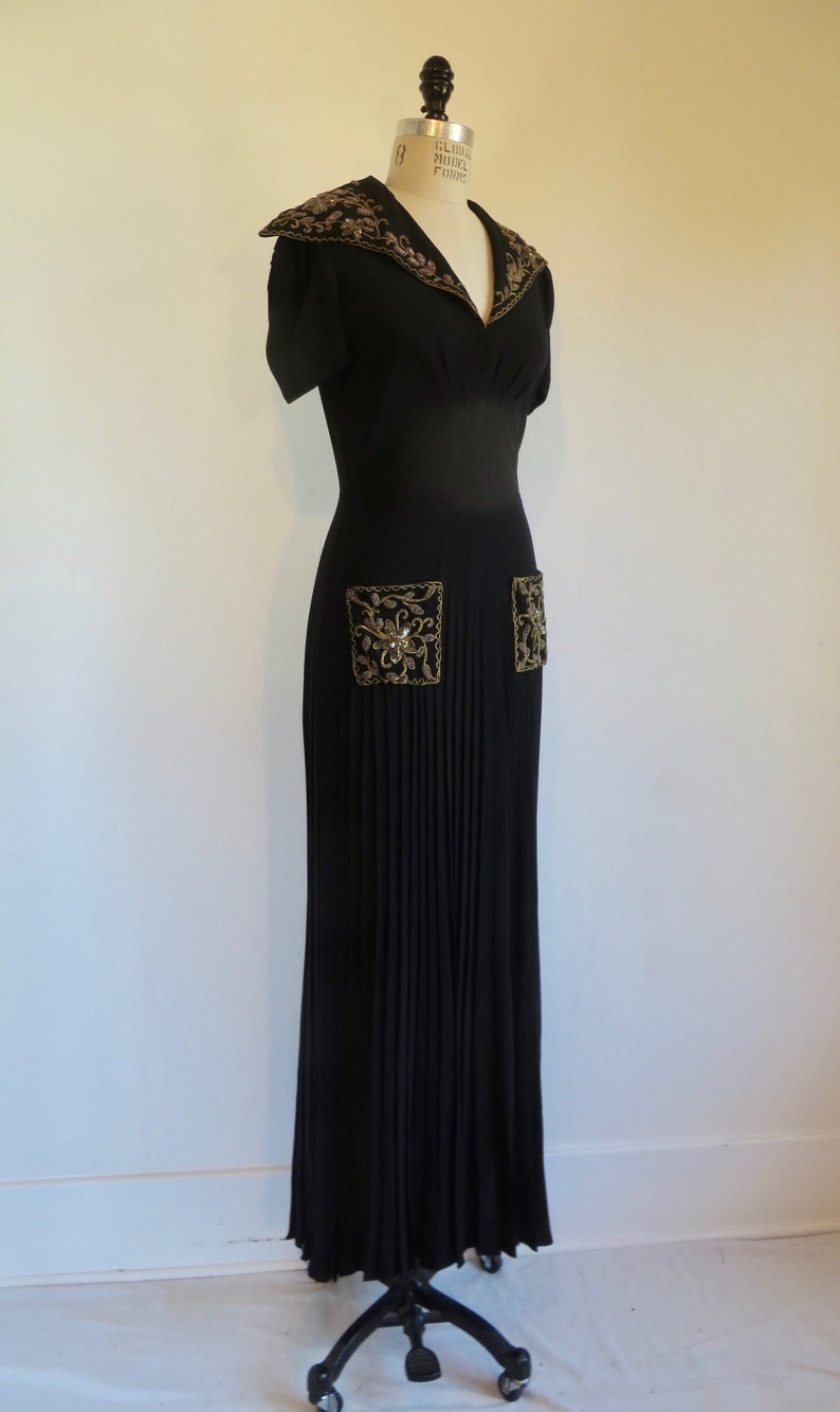 1940's Black Crepe Long Evening Dress Gold Soutache collar and Pocket Trim Formal Cocktail WW2 Era Rockabilly 28 Waist Size Small Medium image 5